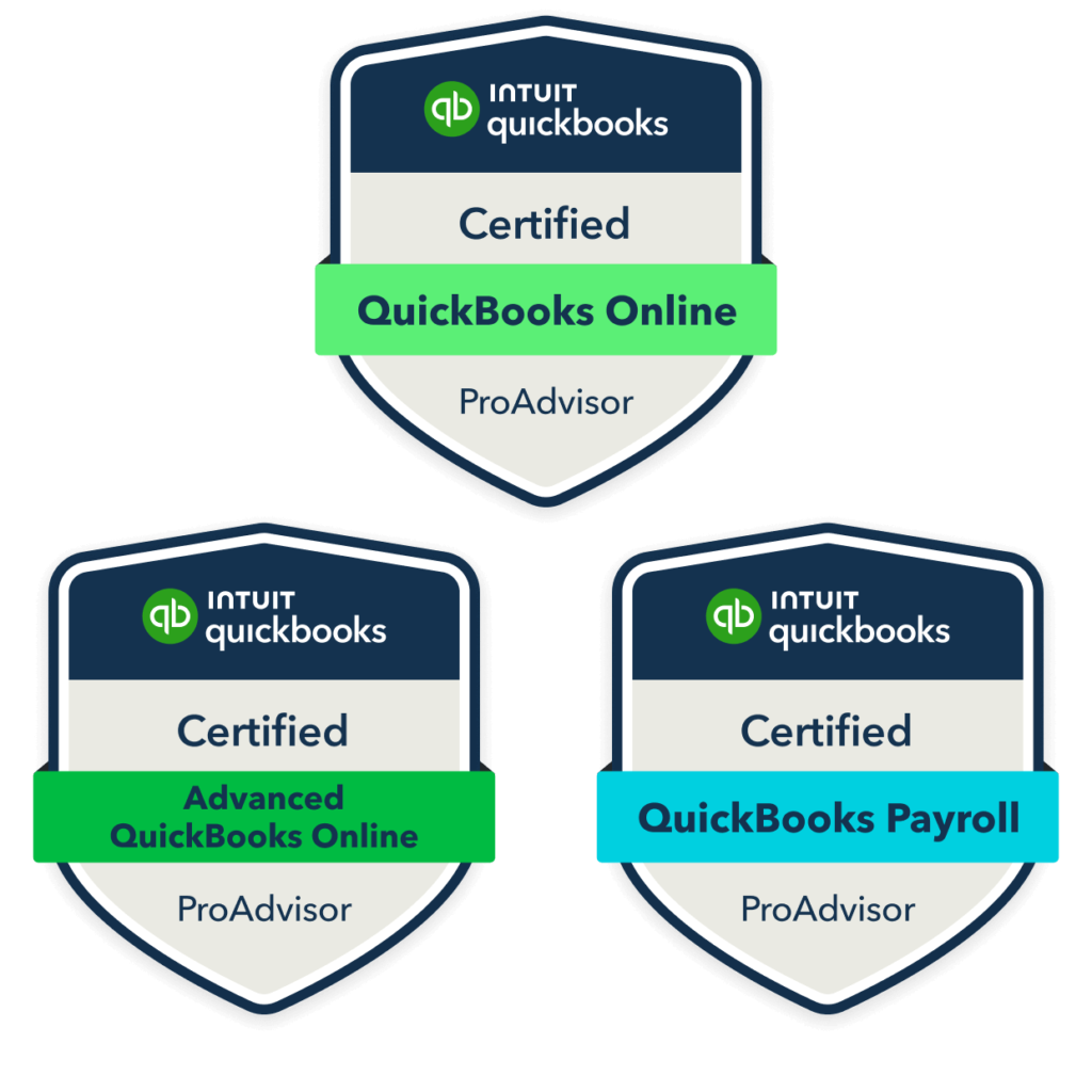 3 QuickBooks Online Certification Badges, highlighting MCMG Tax's proficiency in Bookkeeping, Payroll, and advanced knowledge of QuickBooks Online software