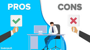 Illustration of a professional sitting at a desk between two signs labeled "Pros" with a green checkmark and "Cons" with a red X